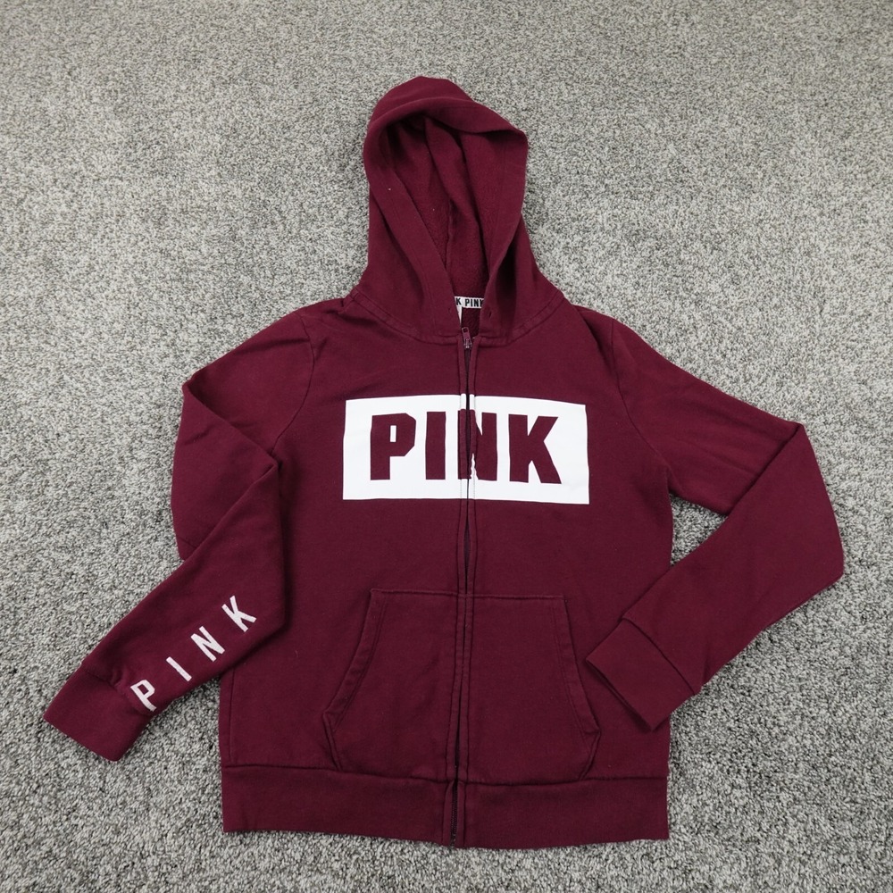 PINK Sweater Womens Small Red Logo Victoria Secret Zip Sweatshirt Hoodie Hoody